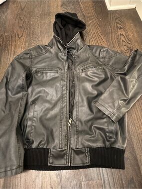 Guess Women's Black Leather Hooded Jacket
